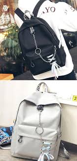 Unique Girls Shoelace Designed Ribbon Chain Laden Metal Chain Canvas School Bag College Backpack Bag Backpack School Col School Bag College Bags Shoe Laces