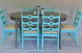 Gray Brown Distressed Table With Aqua Chairs Yellow Chevron Cushions Coastalchic Thedriftwo Turquoise Dining Room Teal Dining Room Paint Dining Room Teal