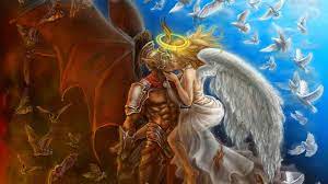 Download Angels And Demons - A Painting Of Two Angels Kissing |  Wallpapers.com