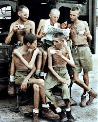 Prisoners of War Liberated from the Japanese. These are Australian soldiers after being liberated from the Changi P.O.W. Prison in Eastern Singapore in 1945. Barely skin and bone they were very fortunate
