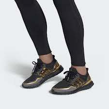 Black Adidas Shoes With Gold Ultraboost Shoes In 2020 Black Shoes Black Adidas Shoes