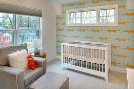 Orange And Gray Boy Nursery With Scion Mr Fox Wallpaper Contemporary Nursery Contemporary Nursery Mr Fox Wallpaper Grey Nursery Boy