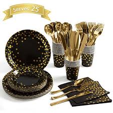 Black And Gold Plastic Plates Black And Gold Party Supplies 175 Pieces Golden Dot Dispo Https Www Amazon Com Dp B07xkt251h Ref Cm Sw In 2020 Black Dinnerware Gold Plastic Plates Dinnerware Set