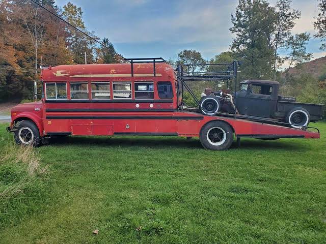1970 bluebird school bus camper with Model A rat rod on the back ...