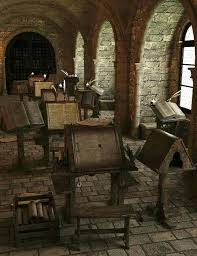 Salle De Copie De Manucrits Au Moyen Age Mobilier Medieval Architecture Medievale Medieval