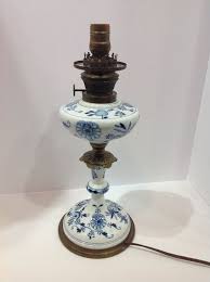 Meissen Blue Onion Table Lamp Electrified Oil Lamp Antique Germany Oil Lamps Vintage Lamps Lamp