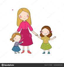 Madre joven y dos hijas. Bonitas hermanas de dibujos animados. Familia  feliz. Profesor de jardín de infantes Stock Vector by ©Natasha_Chetkova  371446654