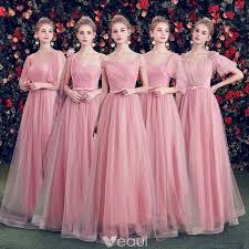 Elegant Candy Pink Bridesmaid Dresses 2019 A Line Princess Spotted Tulle Bow Sash Floor Length Long Ruffle Backless Wedding Party Dresses Candy Pink Bridesmaid Dresses Bridesmaid Dresses Long Chiffon Pink Bridesmaid Dresses