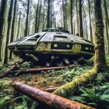 "A destroyed spaceship in the forest." — image created in Shedevrum