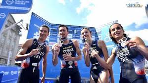 Triathletes compete for fastest overall completion time, racing each segment sequentially with the time transitioning between the disciplines included. France Win Mixed Relay Triathlon World Championships Elite News Tri247 Com