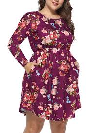 Vislily Women S Plus Size Floral Print Pleated Long Sleeve Casual Swing Dresses With Pockets At A Womens Floral Dress Short Dresses Casual Vintage Midi Dresses