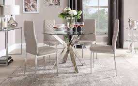 Plaza Round Chrome And Glass Dining Table With 4 Renzo Taupe Leather Chairs Glass Round Dining Table Dining Table Chairs White Leather Chair