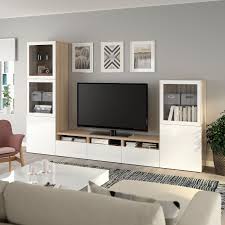 Besta Tv Opbergcombi Vitrinedeuren Wit Gelazuurd Eikeneffect Selsviken Hoogglans Wit Helder Glas Ikea Wohnzimmerdesign Fernsehzimmer Frost Glas
