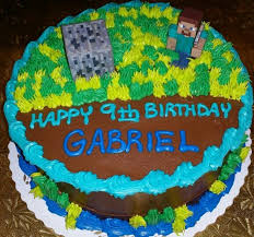 Simple Round Layer Cake With Chocolate Icing And Grass With Minecraft Figures Minecraft Cake Cupcake Cakes Cake