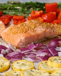 Eat The Rainbow With This One Pan Salmon And Rainbow Veggies Rainbow Veggies Seafood Recipes Food