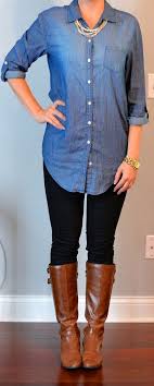 Woman Black Jeans And Brown Boots Outfit Posts Chambray Shirt Black Skinny Jeans Brown Boots Outfitposts Blogspot Com Fall Outfits For Work Fashion My Style