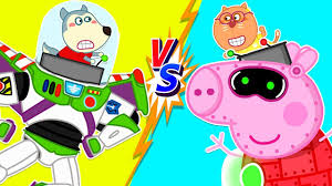 Wolf Family Wolfoo 39 S Buzz Lightyear Toy Vs Peppa Pig Robot Battle In 2020 Funny Cartoon Gifs Best Kids Toys Peppa Pig