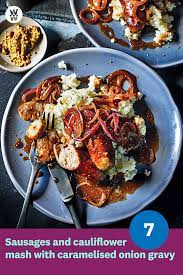 Sausages Cauliflower Mash With Caramelised Onion Gravy Healthy Recipe Ww Uk Recipe Recipes Mashed Cauliflower Caramelized Onions
