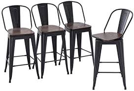 Amazon Com Yongqiang 26 Swivel Metal Bar Stools Set Of 4 High Back Counter Height Chairs With Wooden Seat Indus Bar Stools Metal Bar Stools Swivel Bar Stools