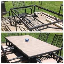 Broken Glass Tabletop Replaced With Composite Wood Decking No Maintenance And 1 2 The Price Of Glass Replacement Patio Table Redo Diy Patio Table Patio Table