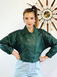 Vintage 1980s Green Leather Jacket Womens Biker Jacket Cropped Motorcycle J Womens Biker Jacket Leather Motorcycle Jacket Women Green Leather Jackets