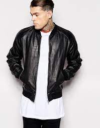 108 Asos Brand Faux Leather Bomber Jacket In Reptile Print Faux Leather Bomber Jacket Black Leather Bomber Jacket Leather Jacket Men