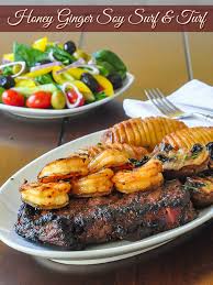 Honey Ginger Soy Surf And Turf With A Super Simple Marinade Recipe Surf And Turf Bistro Food Beef Dinner