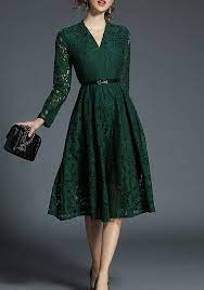 Green Patchwork Lace Draped Belt V Neck Elegant Midi Dress Dantel Elbise Elbiseler Elbise Modelleri