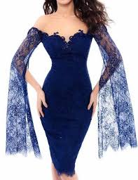 Column Crew Knee Length Lace Royal Blue Cocktail Dress With Bell Sleeves Beading In 2020 Royal Blue Cocktail Dress Long Sleeve Homecoming Dresses Homecoming Dresses