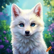 Close-up anime illustration of a white baby wolf with bright blue eyes in a  colorful forest.