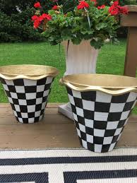 Black And White Checkered Outdoor Planters Whimsical Painted Planters Pots One 1 13 5 Terra Cotta Pot Scalloped Edge Planters Hand Painted Black And White Checkered Planter