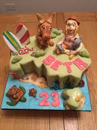 Australia Themed Birthday Cake Model Paste Figurines Of The Birthday Girl Kangaroo Baby Joey Sea Turt Birthday Cake Models Themed Birthday Cakes Cake Models