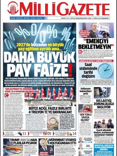 📰Milli Gazetenin bugünkü birinci sayfası : 🔺2027'de bütçeden en büyük pay eğitime ayrıldı ama, daha büyük pay faize!