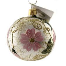 Christmas centerpiece with red and white flowers, gold berries, pomegranates, dusty miller, pine cones and lush winter greenery is stunning! Golden Bell Collection 3 25 White Ball With Pink Flowers Ornament Christmas Spring Tree Ornaments Target