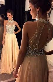 2016 Champagne Chiffon Prom Dresses High Neck Crystals Beaded Open Back Long A Line Luxury Evening Halter Prom Dresses Evening Dresses Prom Chiffon Prom Dress
