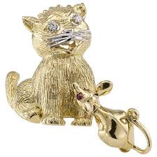 1960s Cat And Mouse Diamond Ruby Gold Brooch Gold Brooches Brooch Animal Jewelry