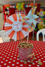 Inside each glass, place a cutout (easily made with a craft punch) in one of four colors: Circus Carnival Birthday Party Ideas Photo 33 Of 47 Carnival Birthday Party Theme Birthday Party Tables Carnival Birthday