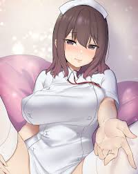 asaka kawana, nijigen kanojo, commentary request, 1girl, blush, breasts,  brown eyes, brown hair, closed mouth, couch, dress, female focus, hat,  indoors, large breasts, nurse, nurse cap, outstretched hand, short dress,  smile, solo,