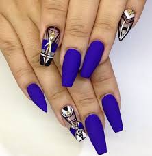 Cobalt Blue Coffin Nails With Negative Space Design Niebieskie
