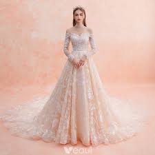 Elegant Champagne Wedding Dresses 2019 A Line Princess Off The Shoulder Long Sleeve Backless Pier Wedding Dress Champagne Bridal Dresses Wedding Dresses Lace