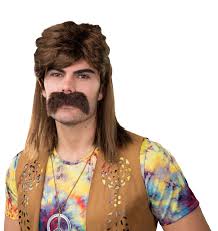 80er Jahre Herrenperücke lang m.Bart braun