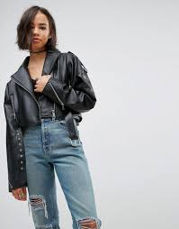 Asos Oversized Leather Jacket With Zip Detail Black Asos Women Clothing Cropped Leather Jacket Cropped Biker Jacket