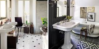 Luxurious bathroom with a skylight and natural, polished, gold onyx wall tiles, large and narrow white matte ceramic tiles and black details. 40 Black White Bathroom Design And Tile Ideas