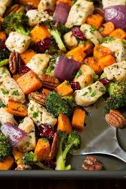 Chicken Broccoli And Sweet Potato Sheet Pan Dinner Cooking Classy Added Pecans Sweet Potato And Broccoli Recipe Chicken And Butternut Squash Cooking Dinner