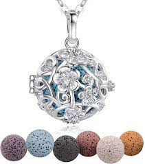 Infuseu Aromatherapy Necklace Cherry Blossom Silver Plated Essential Oil Diffuser Locket Pendant Women Cubic Zirconia Necklace With 7 Lava Stone Beads Chain 24 Amazon Co Uk Jewellery