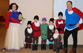 This costume includes grey with elastic waist, a shirt in off white, the blue vest trimmed in a gold braid and a brown belt. Snow White The 7 Dwarfs And Prince Charming Family Halloween Costume Diy Instructions