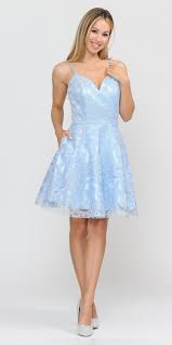 Poly Usa 8406 Baby Blue Lace Homecoming Short Dress With Spaghetti Straps Discountdressshop