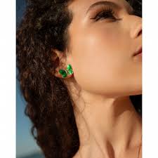 Orecchini a forma di farfalla smaltati verde e strass in argento