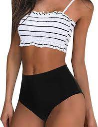 Amazon Com Mooslover Women S Shirred Bandeau Bikini Top High Waisted Bottom 2 Piece Swimsuits Bi Swimsuits High Waisted Swimwear High Waisted Bikini Swimsuits