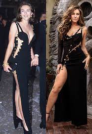 It's been more than two decades since elizabeth hurley first stepped onto a red carpet bearing lots of skin in a black versace dress featuring risqué cutouts held together by gold safety pins. Elizabeth Hurley Versace Dress Recreates Same Gown From 25 Years Ago Hollywood Life